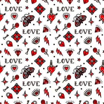 Valentines Day in old school style seamless pattern illustration. Design For Valentines Day, Stilts, Wrapping Paper, Packaging, Textiles