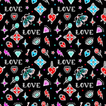 monochrome Old School Style Pattern for Valentine's Day. Background with love symbols