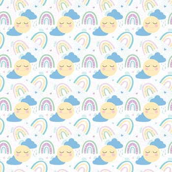 Rainbow with clouds, sun and hearts seamless pattern. Delicate childrens pattern. Design for textiles, paper, printing illustration