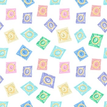 Seamless pattern with colorful condoms.The concept of safe sex. World contraception day. Latex contraceptives in the package.Prevention of AIDS, HIV, and sexually transmitted diseases