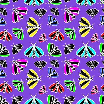 Colorful neon background with multicolored Moths illustration