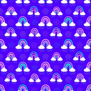 .Abstract rainbow with clouds and raindrops, doodles and circles in a seamless pattern. Childrens pattern in muted pastel colors. Hand-drawn illustration