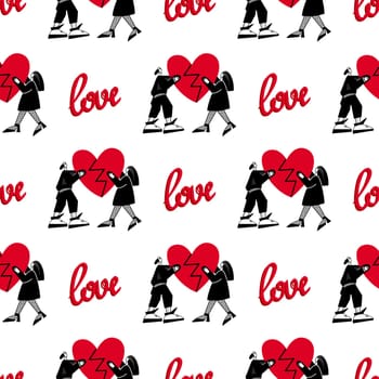 Pattern of lovers.Seamless pattern for Valentines Day. A guy and a girl are holding a broken heart illustration