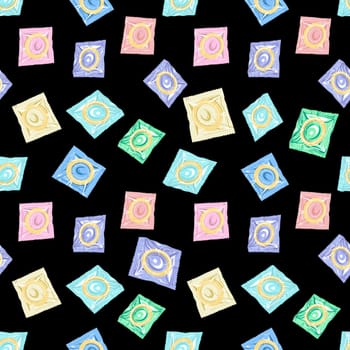 Seamless pattern with colorful condoms.The concept of safe sex. World contraception day. Latex contraceptives in the package.Prevention of AIDS, HIV, and sexually transmitted diseases
