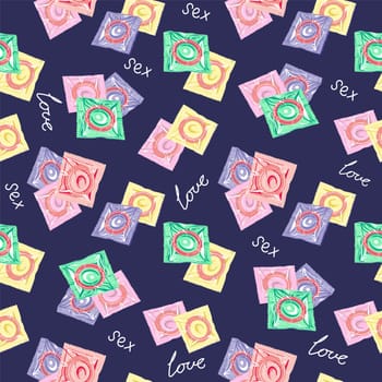 Seamless pattern with colorful condoms.The concept of safe sex. World contraception day. Latex contraceptives in the package.Prevention of AIDS, HIV, and sexually transmitted diseases