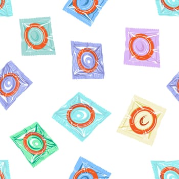 Seamless pattern with colorful condoms.The concept of safe sex. World contraception day. Latex contraceptives in the package.Prevention of AIDS, HIV, and sexually transmitted diseases
