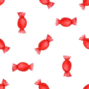 Festive seamless pattern with candy in a red wrapper.