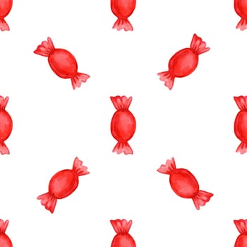 Festive seamless pattern with candy in a red wrapper.