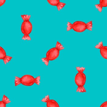 Festive seamless pattern with candy in a red wrapper.
