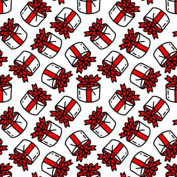 Seamless pattern with gift boxes with a bow illustration. Design for Christmas, New Year, holidays