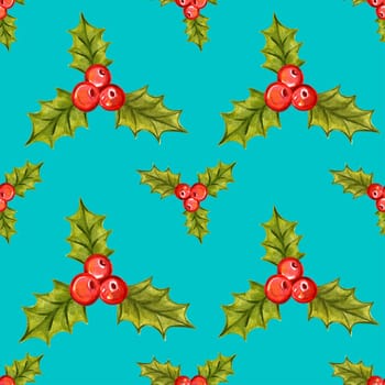 Seamless Christmas pattern with holly berries.