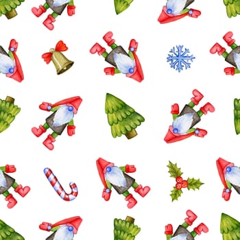 Seamless repetitive pattern with cute Christmas gnomes and fur trees and decorations depicted