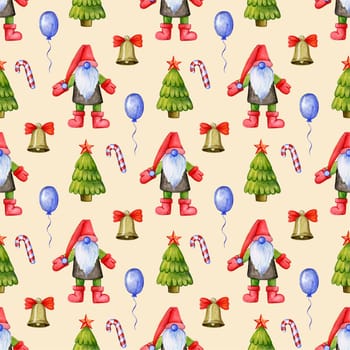 Seamless repetitive pattern with cute Christmas gnomes and fur trees and decorations depicted