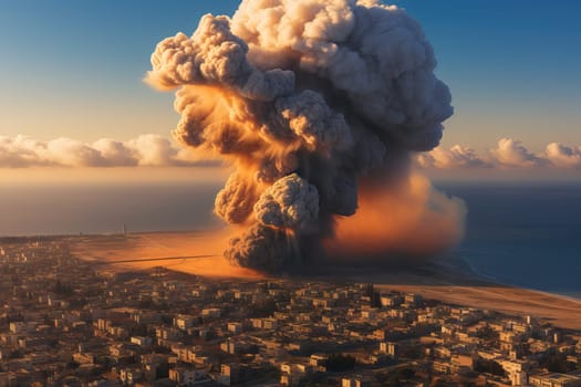A massive explosion and a cloud of smoke over the city. War and destruction in today's unstable world.