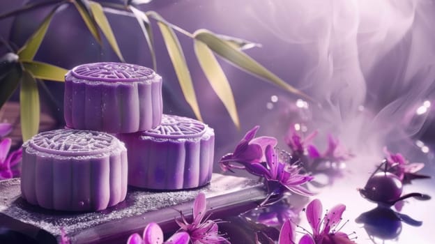 Delicious purple mooncakes beautifully arranged, complemented by exquisite purple flowers adorning the setting
