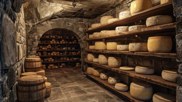 Wheels of aging cheese maturing on wooden shelves