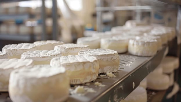 A photorealistic image of a gourmet cheese shop with an extensive display of cheeses