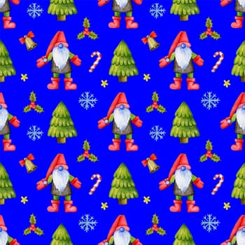 Seamless repetitive pattern with cute Christmas gnomes and fur trees and decorations depicted
