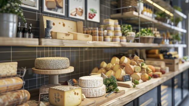 A photorealistic image of a gourmet cheese shop with an extensive display of cheeses