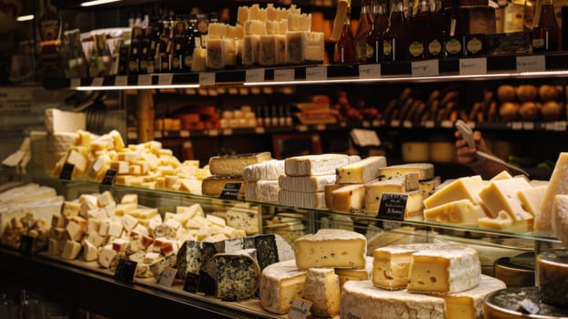 A photorealistic image of a gourmet cheese shop with an extensive display of cheeses