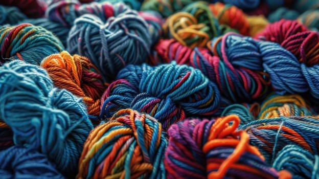 A vibrant assortment of colorful yarn balls is meticulously stacked one on top of the other, creating a visually appealing display