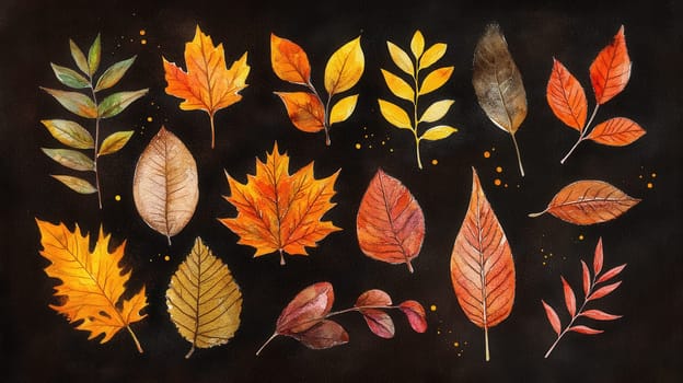 Detailed botanical watercolor showcasing various autumn leaves on dark brown background