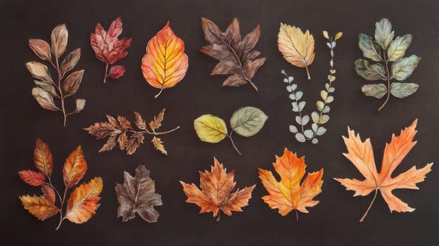 Detailed botanical watercolor showcasing various autumn leaves on dark brown background
