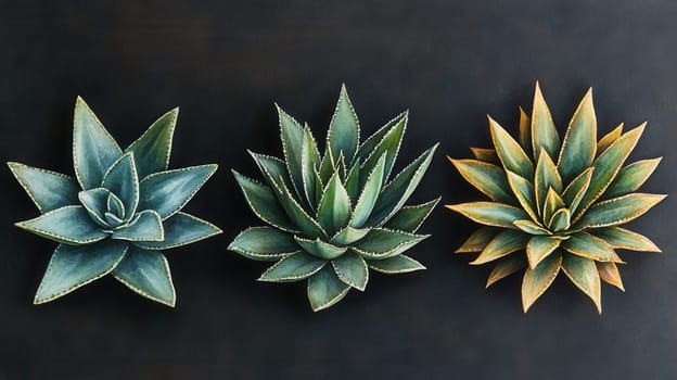 Detailed botanical watercolor showcasing succulents on dark