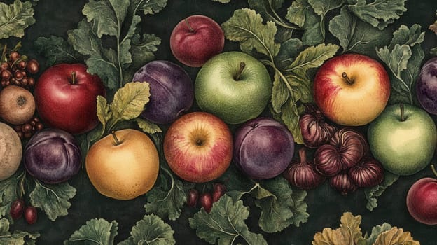 Detailed fruits watercolor illustration on dark