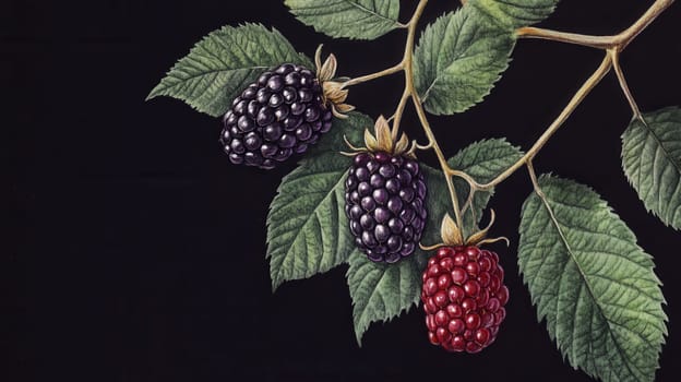 Detailed botanical drawing showcasing blackberry on dark background
