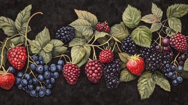 Detailed botanical drawing showcasing berries on dark background watercolor