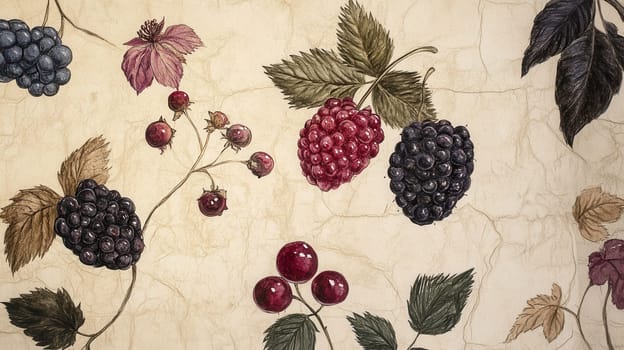 Detailed botanical drawing showcasing berries on light background watercolor