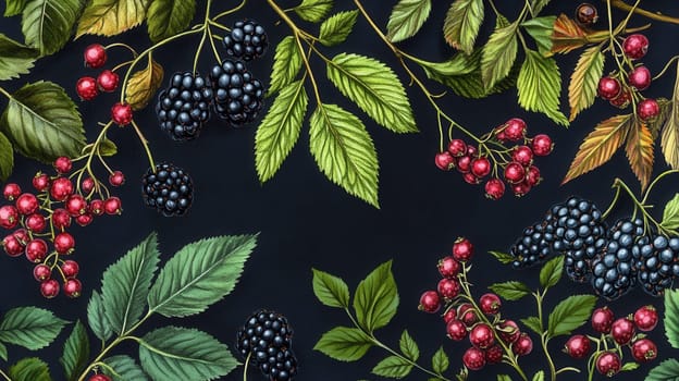 Detailed botanical drawing showcasing berries on dark background watercolor