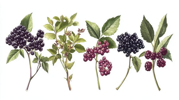 Detailed botanical drawing showcasing berries on light background watercolor