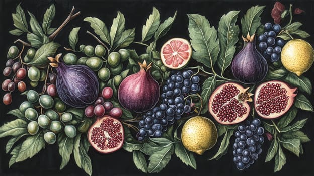 Detailed exotic fruits watercolor illustration on dark