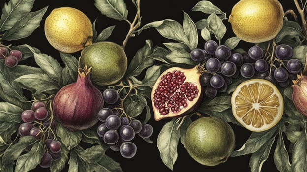 Detailed exotic fruits watercolor illustration on dark