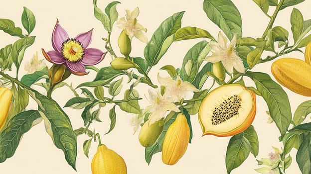 Detailed botanical drawing showcasing exotic fruits