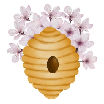 Beehive watercolor. Hand drawn bee house with flowers on isolated white background. Clip art of bumblebee dwelling. Ideal for honey shop design, natural cosmetics and bee products. High quality illustration