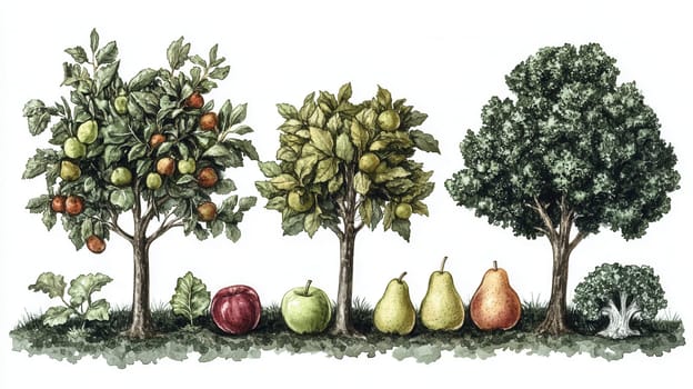 Detailed botanical drawing showcasing different fruits