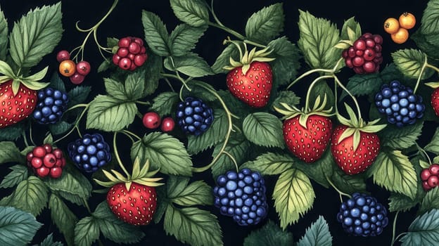 Detailed watercolor illustration of berries on dark