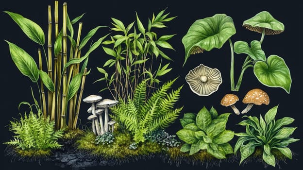 Detailed botanical illustration with plants and mushrooms