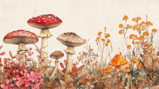 Detailed botanical illustration with plants and mushrooms