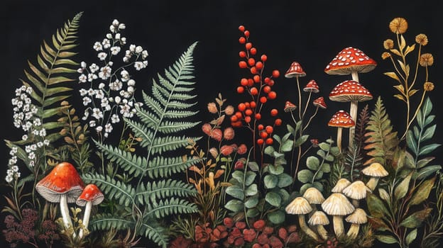 Detailed botanical illustration with plants and mushrooms