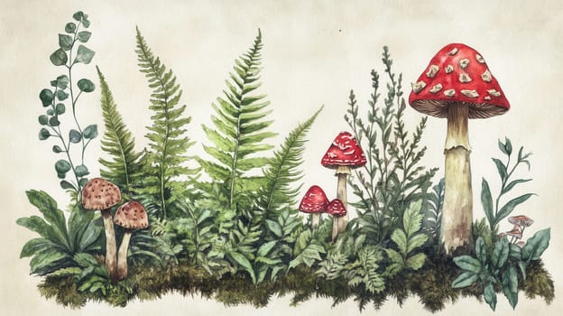 Detailed botanical illustration with plants and mushrooms