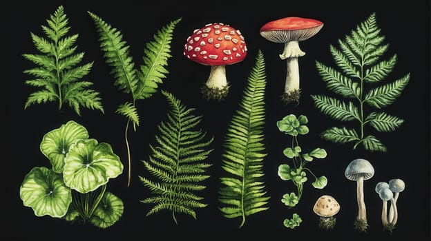 Detailed botanical illustration with plants and mushrooms