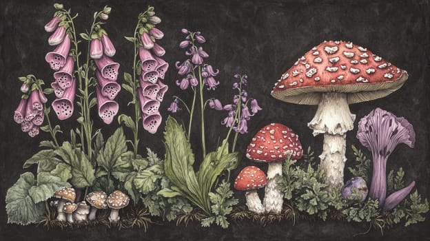 Detailed botanical illustration with plants and mushrooms