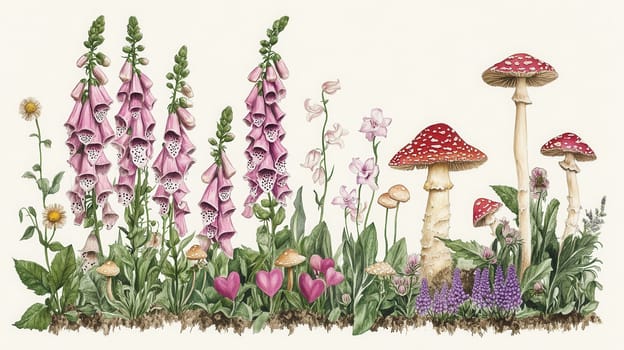 Detailed botanical illustration with plants and mushrooms