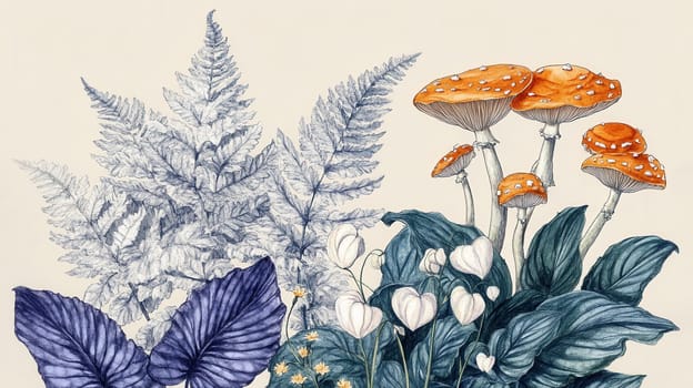 Detailed botanical illustration with plants and mushrooms