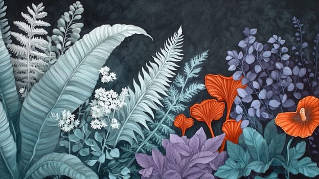 Detailed botanical illustration with plants and mushrooms