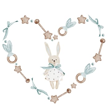 Baby toys frame. Hand drawn blue and beige wooden baby accessories. Clip art rattle and bunny on isolated white background. Perfect for baby shower cards and clothes tags. High quality illustration